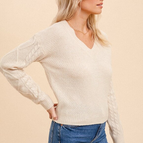 HEM & THREAD Cream Knit V-Neck Sweater, Cable Sleeve Detail with Back Tie Bow - Picture 7 of 7